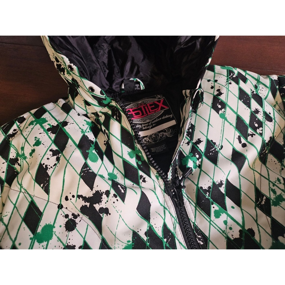 CastleX Snow Jacket Girl M Green White Black Argyle Splatter Hooded Puffer